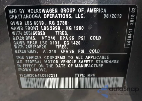2019 Volkswagen Atlas 3.6L V6 Se W/Technology from USA, damaged, VIN 1V2UR2CA4KC597211